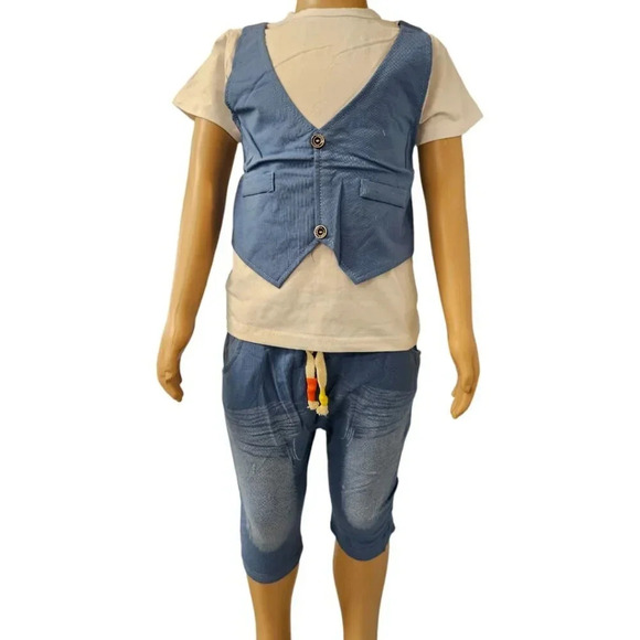 18-24M Baby Boys White and Blue Shorts and Tshirt Faux Vest 2pcs Set - Picture 1 of 6
